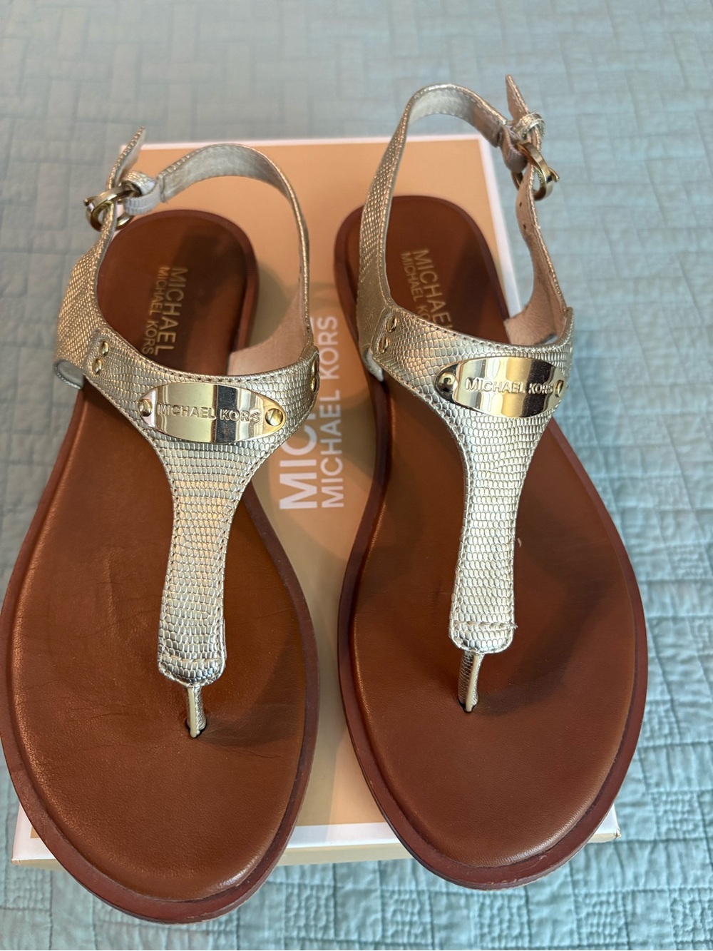 Michael Kors Gold Textured T‑Strap Sandals